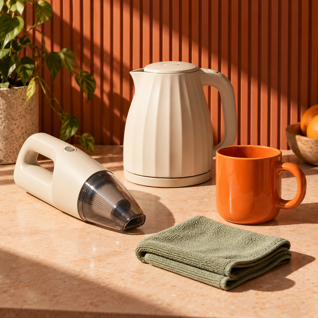 Illustrative household product concept with a kettle, vacuum and home accessories